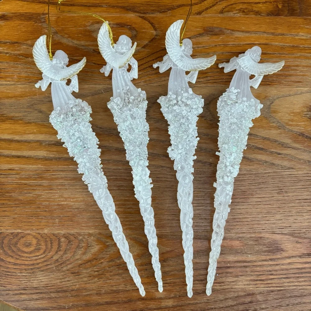 Angel Icicle Ornaments 11” In Length plastic Glass look Set of 4